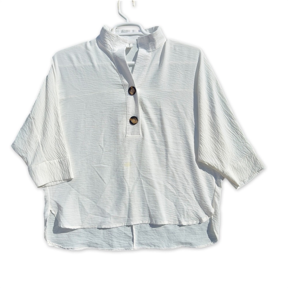 MYSTYLE Blouse Womens Medium White Boho Henley Oversized Viscose 3/4 Sleeve